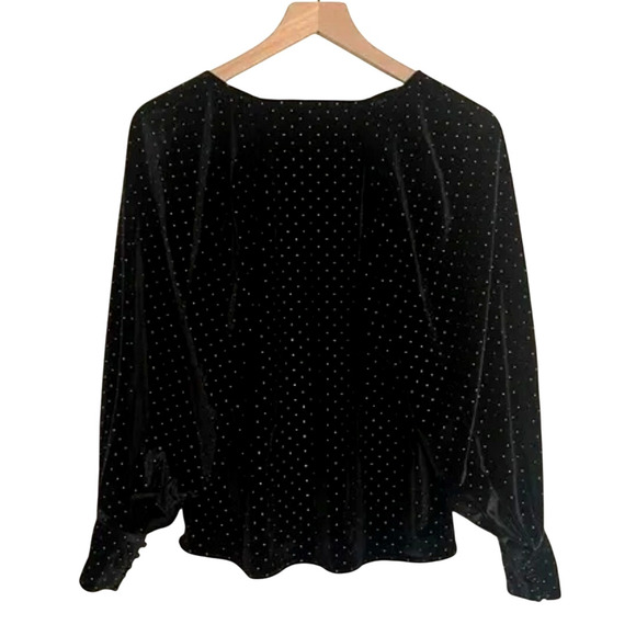 Sezane 12 Erica $228 Black Velvet Top Gold Studded Polka Dots Blouse Stretch 42 - Picture 6 of 9